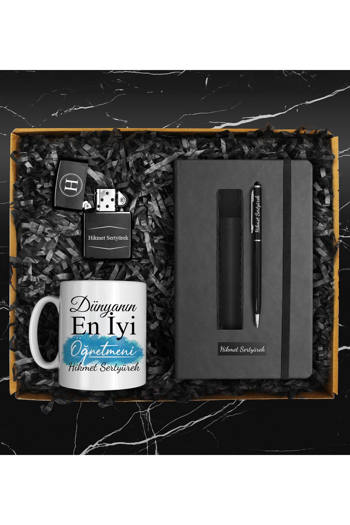 Öğretmenler Gününe Özel Tasarım Kupa & Defter & Deri Kılıflı Kalem & Çakmak