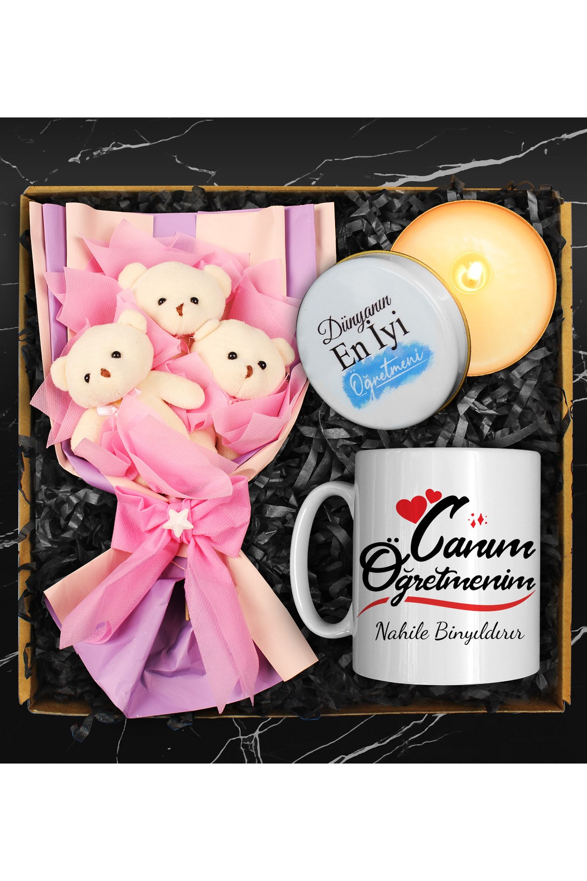 Öğretmenler Gününe Özel Tasarım Kupa & Peluş Ayıcık Buketi & Özel Tasarım Mum Hediye Seti