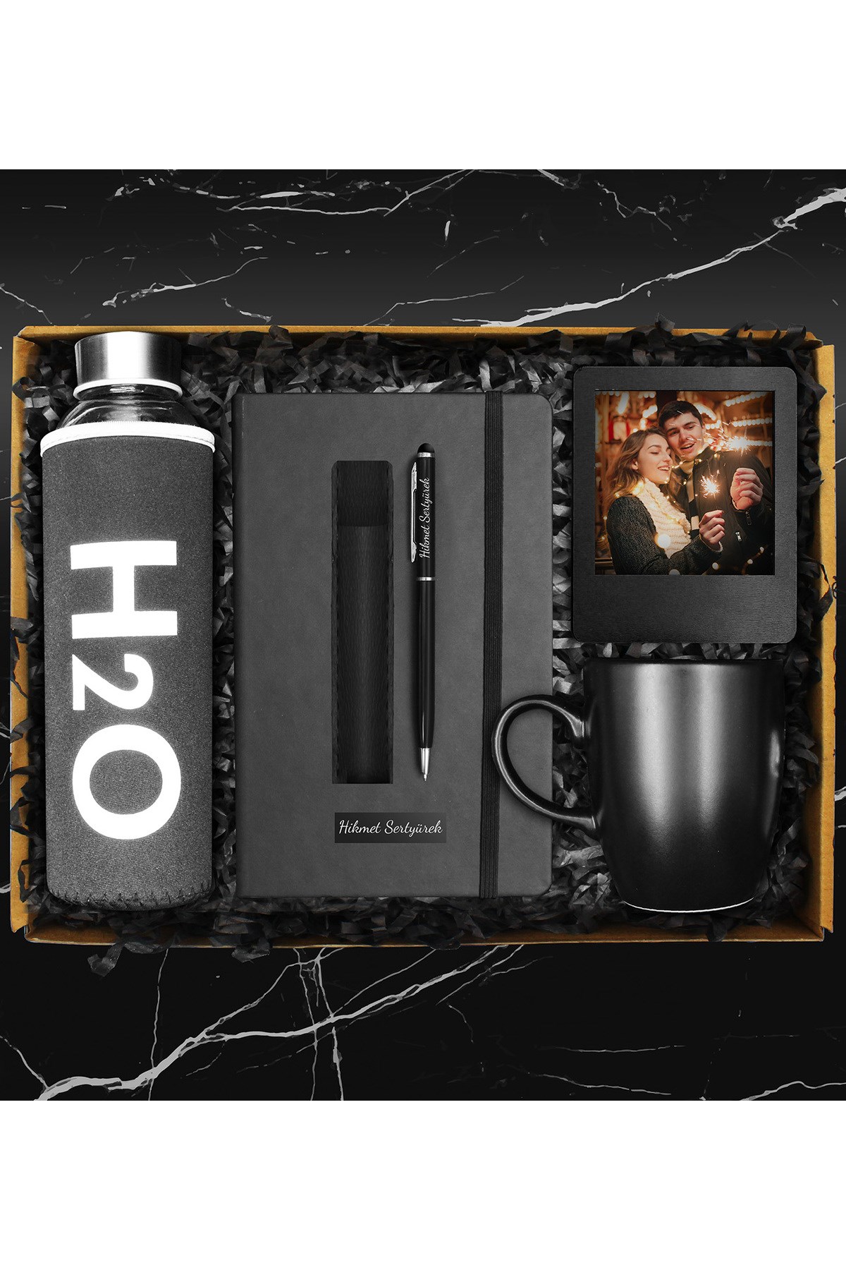 Özel 500 ml Cam Şişe Matara & Kişiye Özel Defter & Metal Touch Pen Kalem & Fotoğraf Çerçevesi & Siy