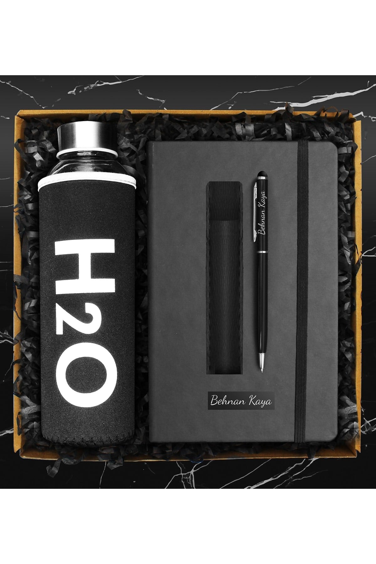 Özel Kılıflı Cam Şişe Matara & Defter & Deri Kılıflı Touch Pen Kalem Hediye Seti