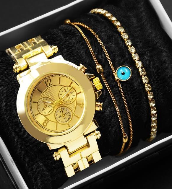 Özel Kutulu Gold Hasır Kordon Kadın Saati & Gold Nazar Boncuklu Bileklik & Gold Zirkon Taşlı Bileklik