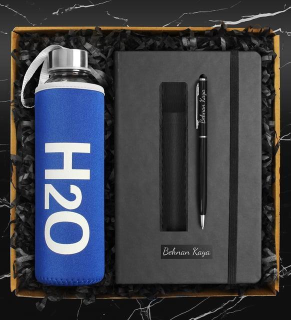 Özel Mavi Kılıflı Cam Şişe Matara & Kişiye Özel Defter & Kişiye Özel Deri Kılıflı Touch Pen Kalem Hediye Seti