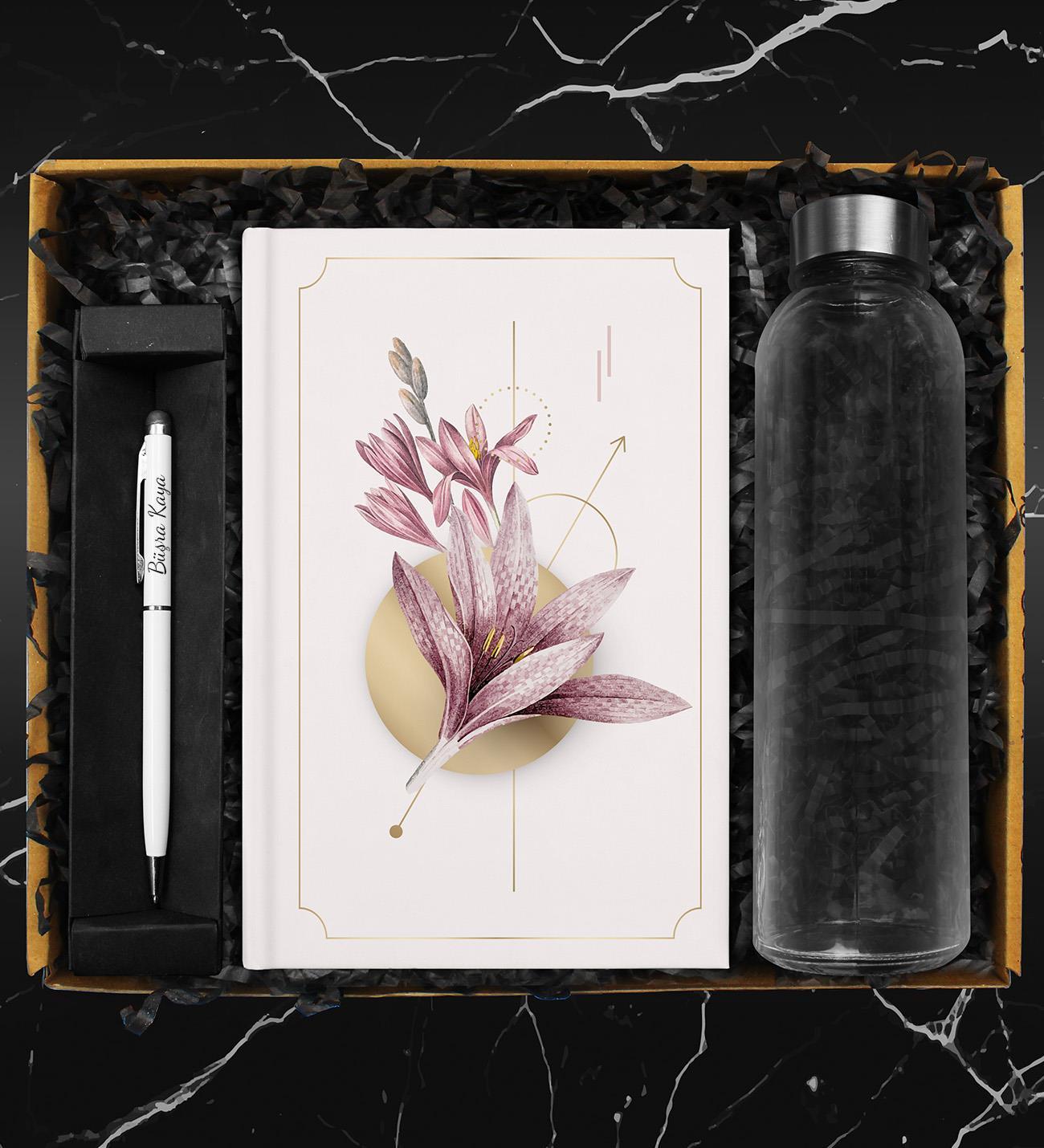 Özel Tasarım Defter & Cam Matara & Touch Pen Kalem Hediye Seti