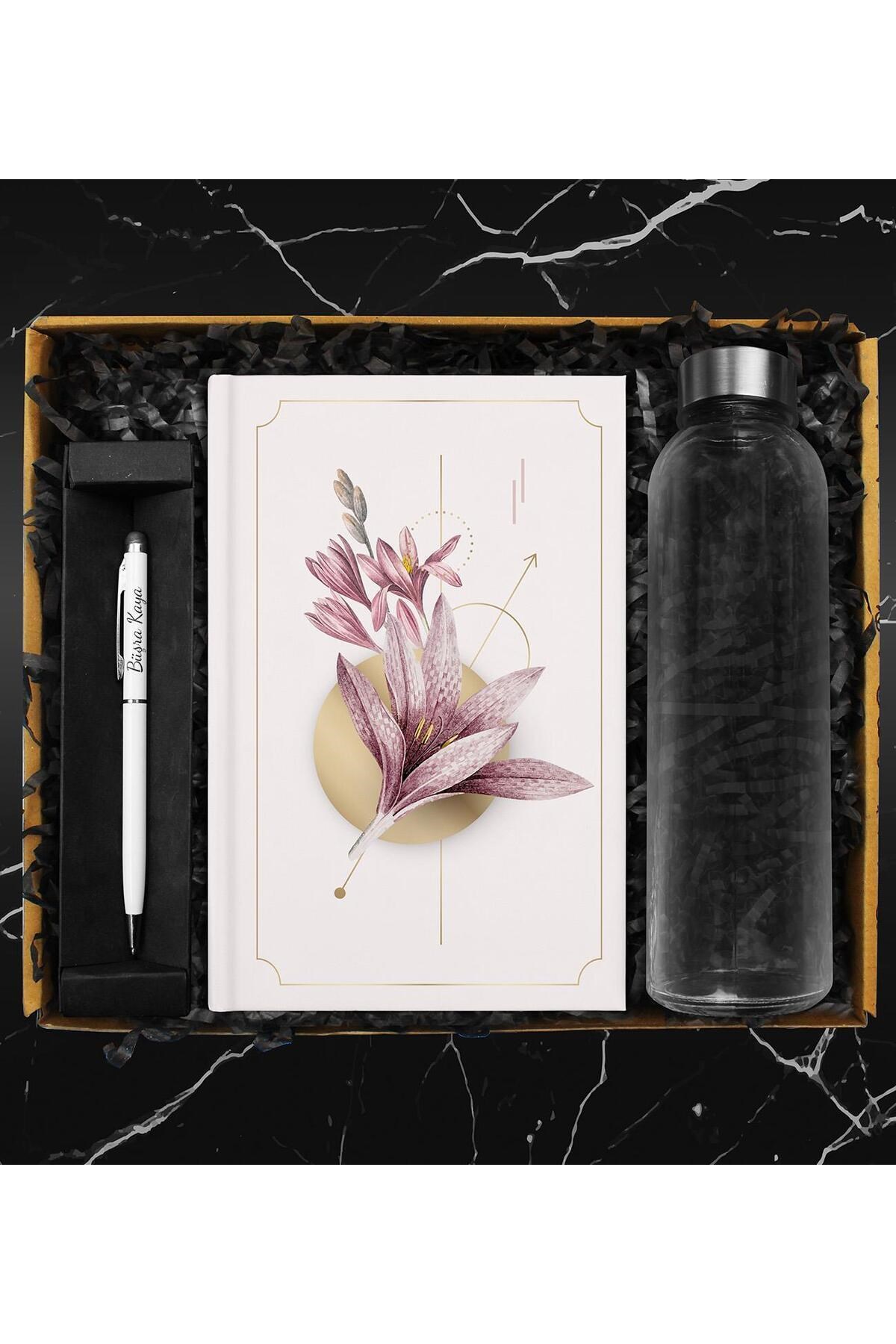 Özel Tasarım Defter & Cam Matara & Touch Pen Kalem Hediye Seti