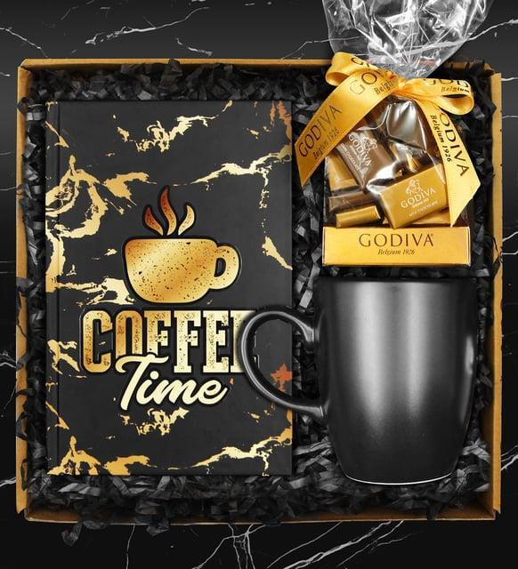 Özel Tasarım Defter & Godiva Madlen Çikolata & Siyah Kupa Hediye Seti
