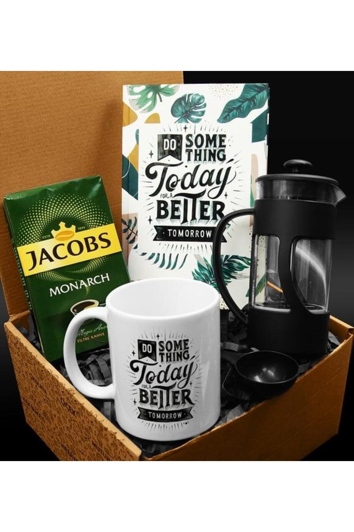 Özel Tasarım Kupa & Özel Tasarım Defter & French Press & 250 Gram Jacobs Filtre Kahve Hediye Seti