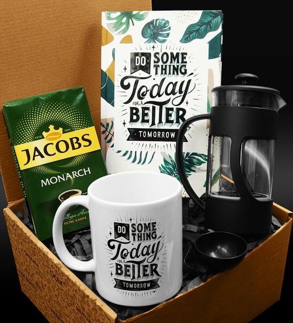 Özel Tasarım Kupa & Özel Tasarım Defter & French Press & 250 Gram Jacobs Filtre Kahve Hediye Seti