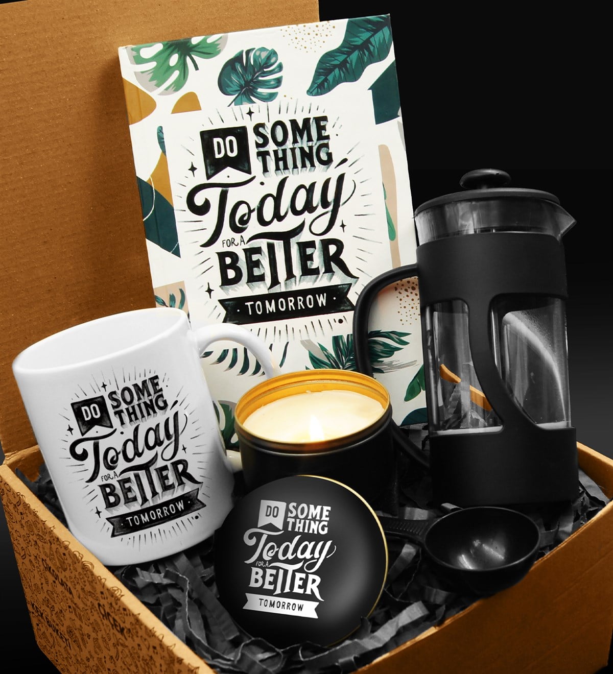 Özel Tasarım Kupa & Özel Tasarım Defter & French Press & Özel Tasarım Mum Hediye Seti 