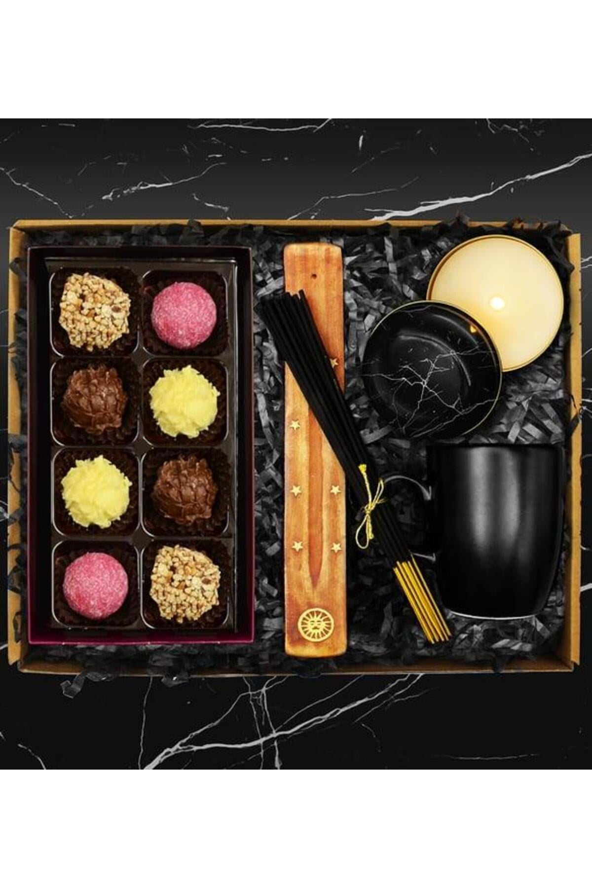 Özel Tasarım Mum & Truffle Çikolata Kutusu & Tütsü Seti & Siyah Kupa Hediye Seti