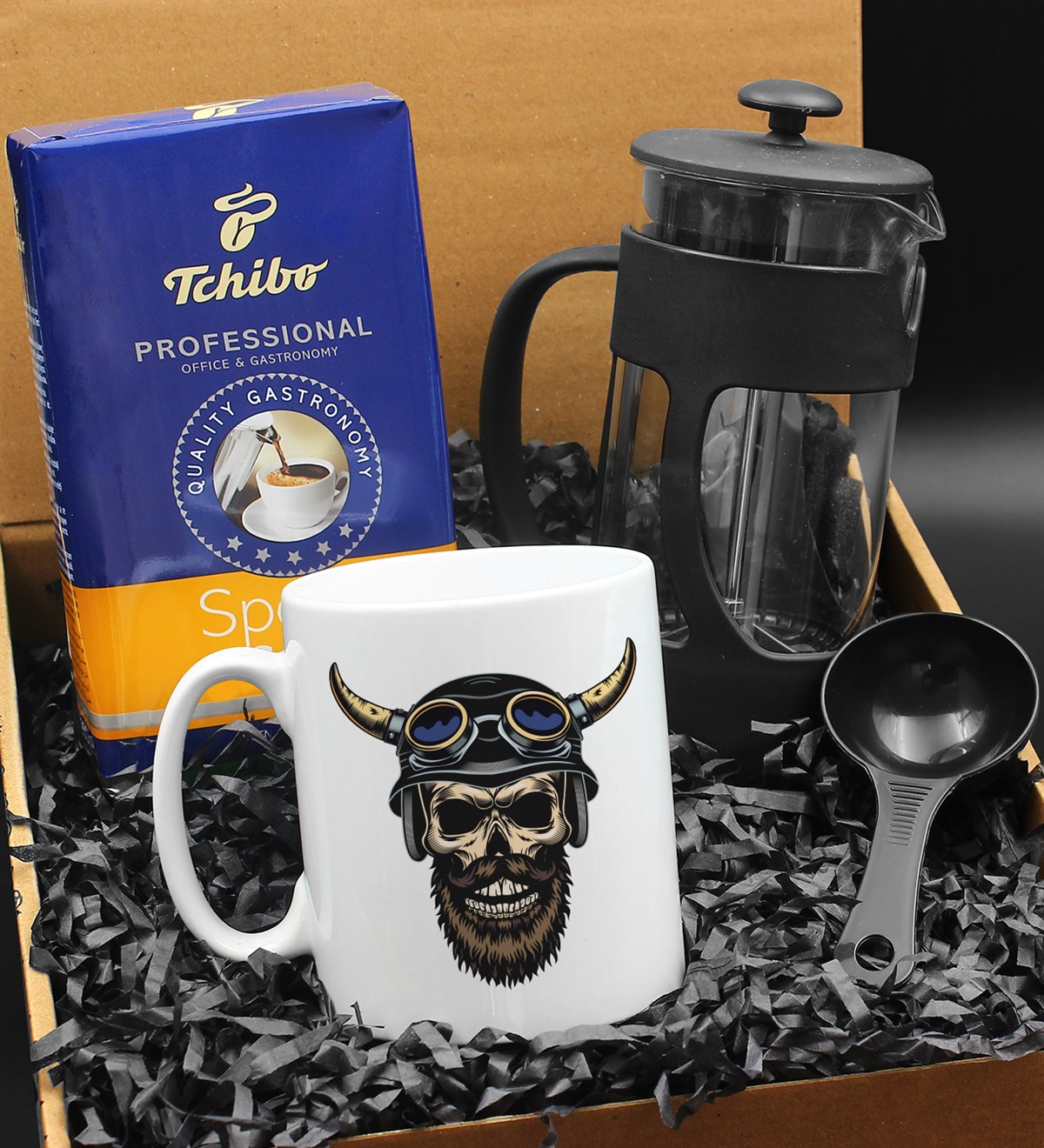 Özel Tasarımlı Kasklı Kuru Kafa Kupa & French Press & 250 Gram Tchibo Proffesional Special Filtre Kahve Hediye Seti