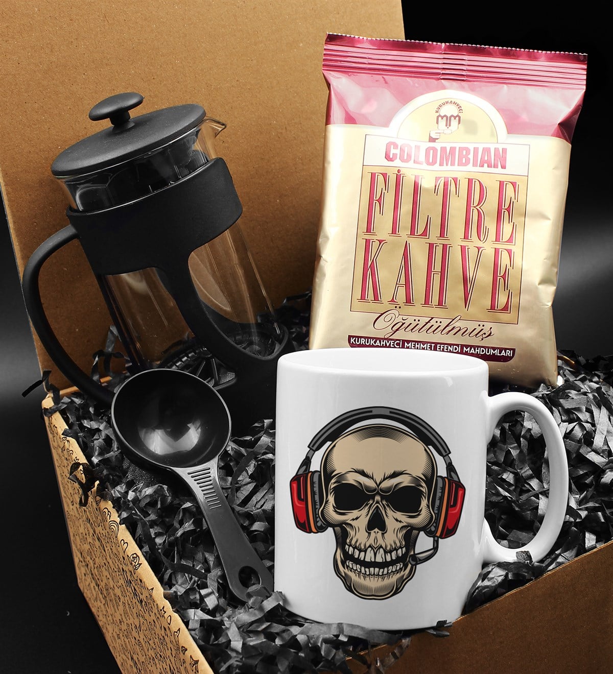 Özel Tasarımlı Kulaklıklı Kuru Kafa Kupa & French Press & Columbian Filtre Kahve Hediye Seti