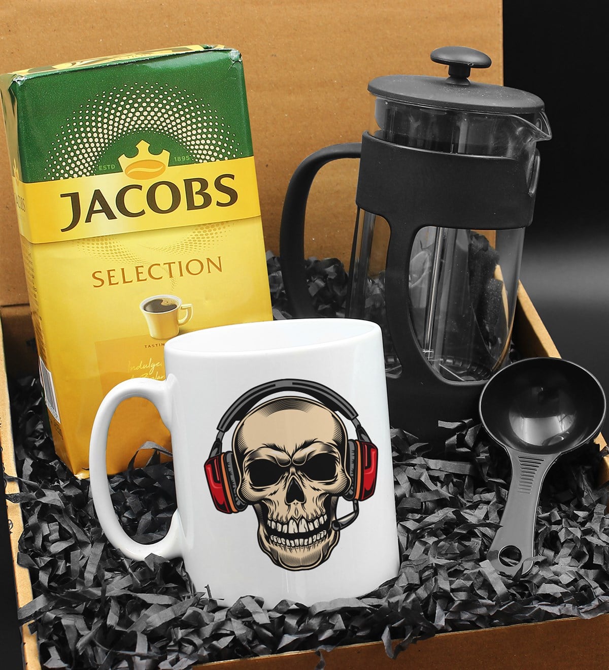 Özel Tasarımlı Kulaklıklı Kuru Kafa Kupa & French Press & 250 Gram Jacobs Selection Filtre Kahve Hediye Seti