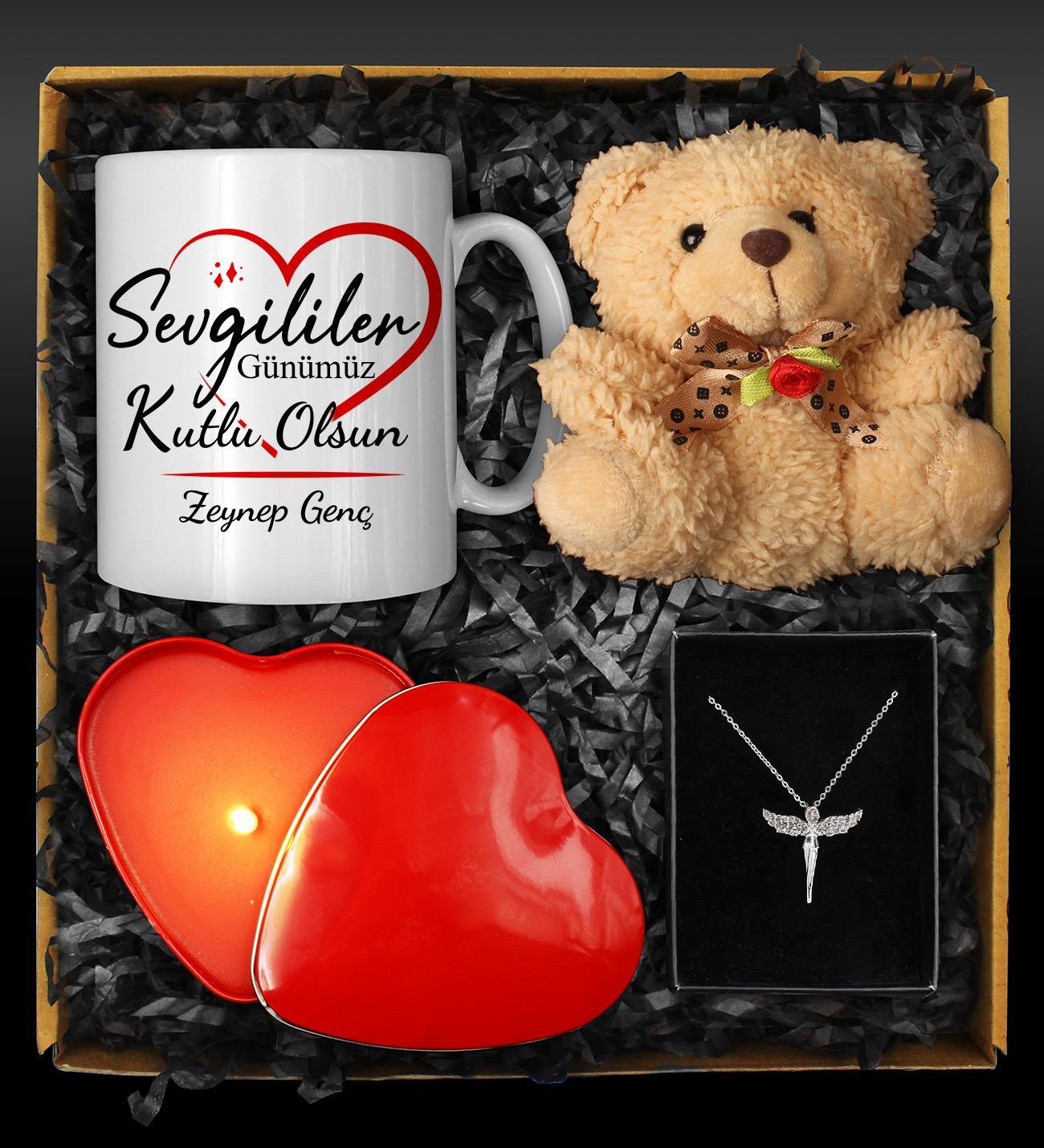 Sevgililer Gününe Kişiye Özel Tasarım Kupa & Melek Kolye & Kalp Mum & Peluş Ayıcık Seti
