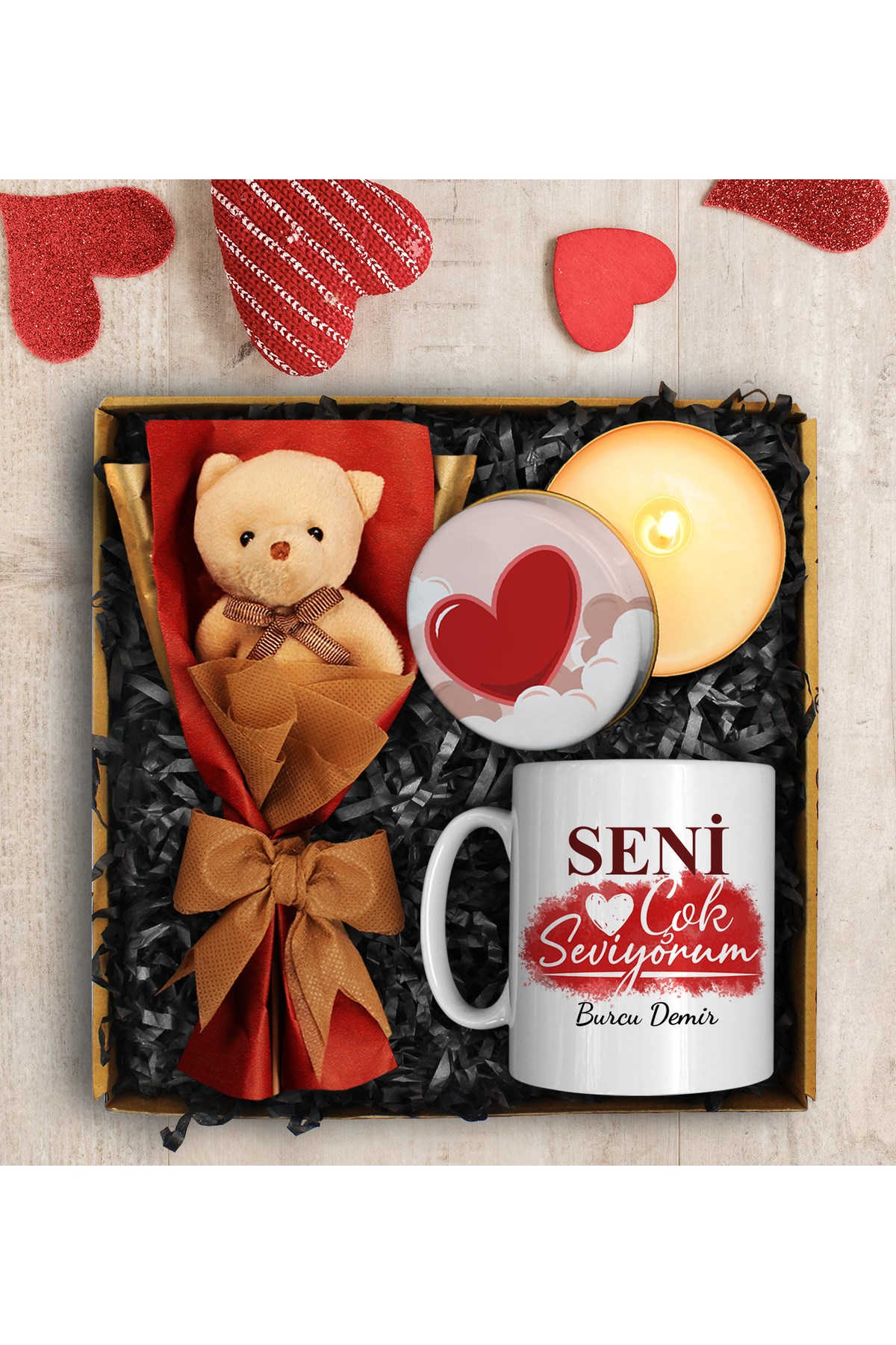 Sevgililer Gününe Özel Ayıcık Buketi & Özel Tasarım Kupa & Özel Tasarım Mum Seti