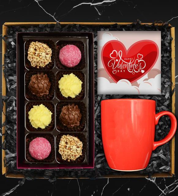 Sevgililer Gününe Özel Kırmızı Kupa & Truffle Çikolata Kutusu Seti & Sevgililer Günü Kartı Hediye Seti