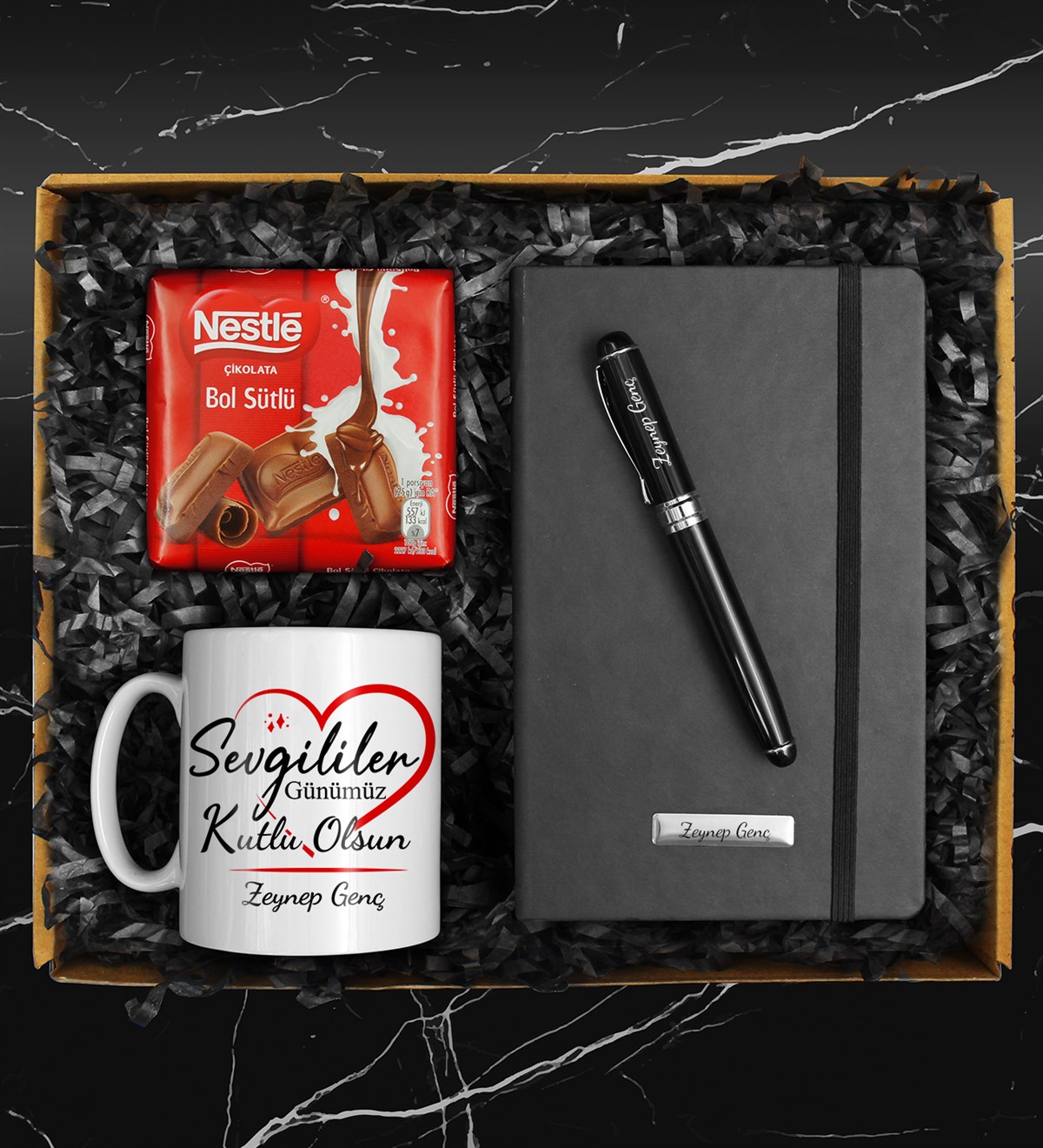 Sevgililer Gününe Özel Kişiye Özel Kupa & Roller Kalem & Defter & Nestle Çikolata Hediye Seti