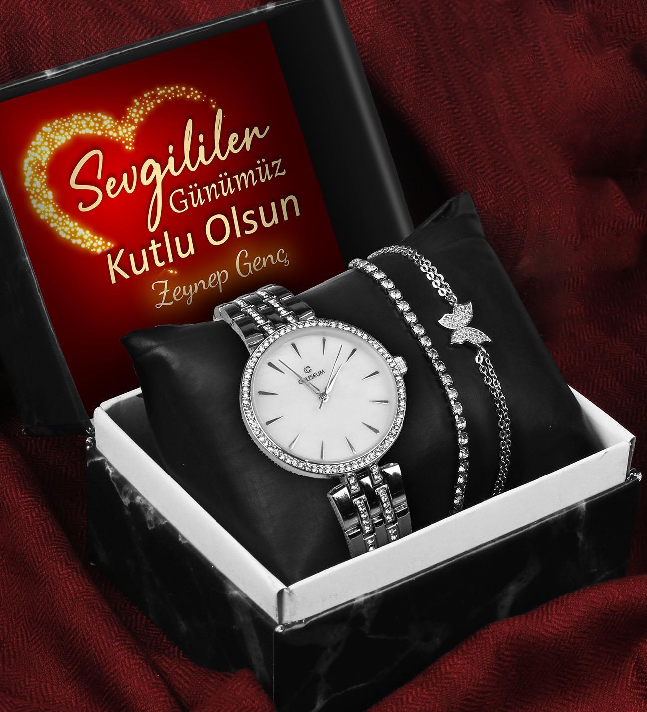 Sevgililer Gününe Özel Kişiye Özel Kutulu Metal Kordon Saat & Kelebek Bileklik & Zirkon Taşlı Bileklik Seti