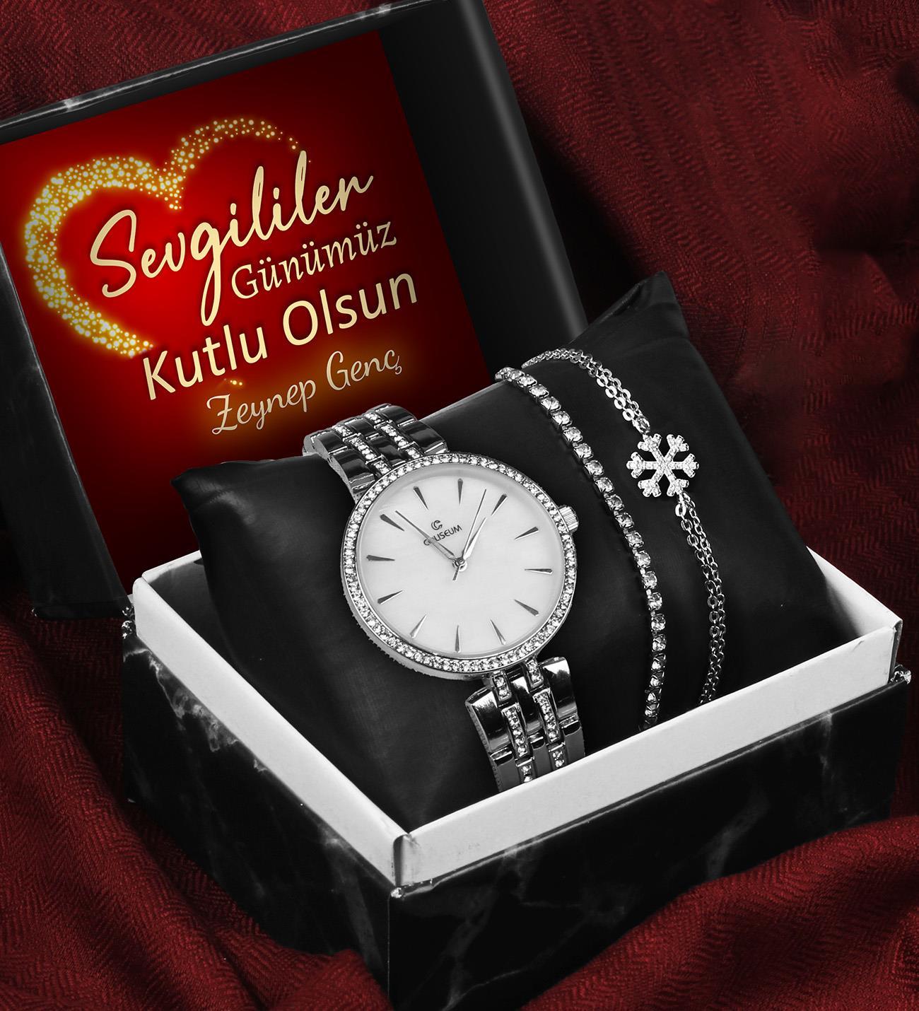 Sevgililer Gününe Özel Kişiye Özel Kutulu Metal Kordon Saat & Kar Tanesi Bileklik & Zirkon Taşlı Bileklik Seti