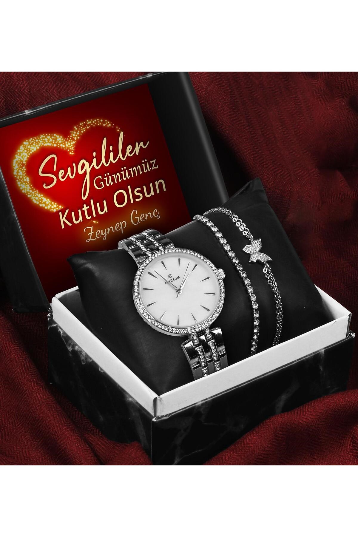 Sevgililer Gününe Özel Kişiye Özel Kutulu Metal Kordon Saat & Kelebek Bileklik & Zirkon Taşlı Bilekl