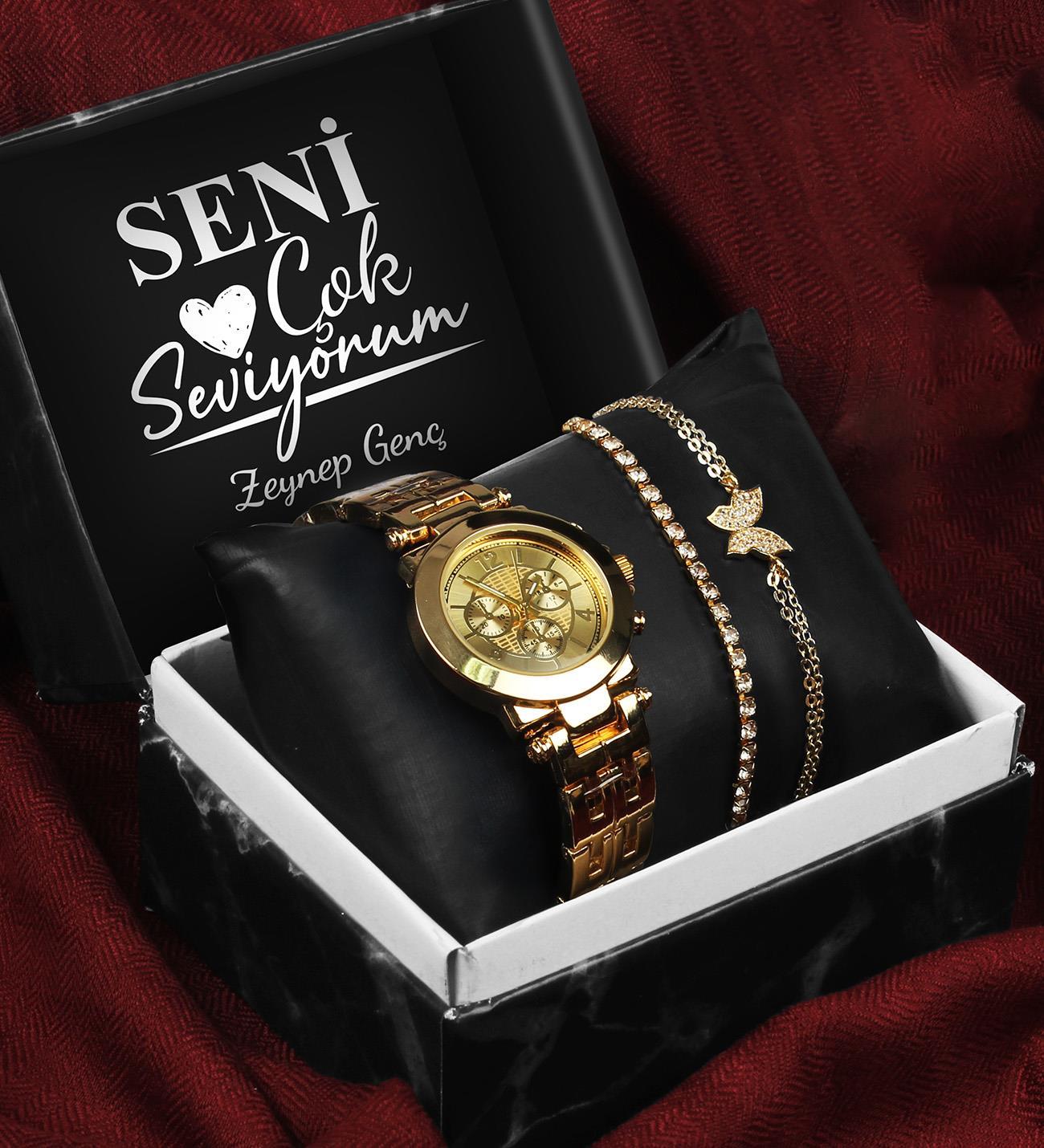 Sevgililer Gününe Özel Kişiye Özel Kutulu Gold Metal Kordon Saat & Kelebek Bileklik & Zirkon Taşlı Bileklik Seti