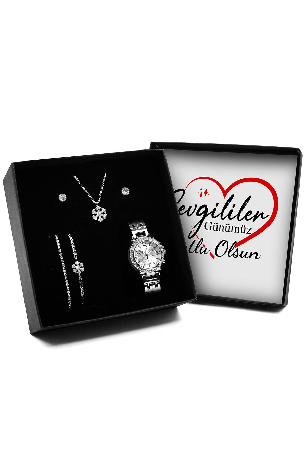 Sevgililer Gününe Özel Kutu & Gümüş Zirkon Kar Tanesi Kolye & 2'li Küpe & 2'li Bileklik & Saat