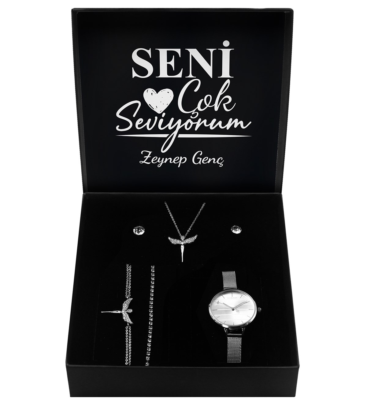 Sevgililer Gününe Özel Kutulu Gümüş Kaplama Melek Kolye & 2'li Küpe & 2'li Bileklik & Saat Hediye Seti