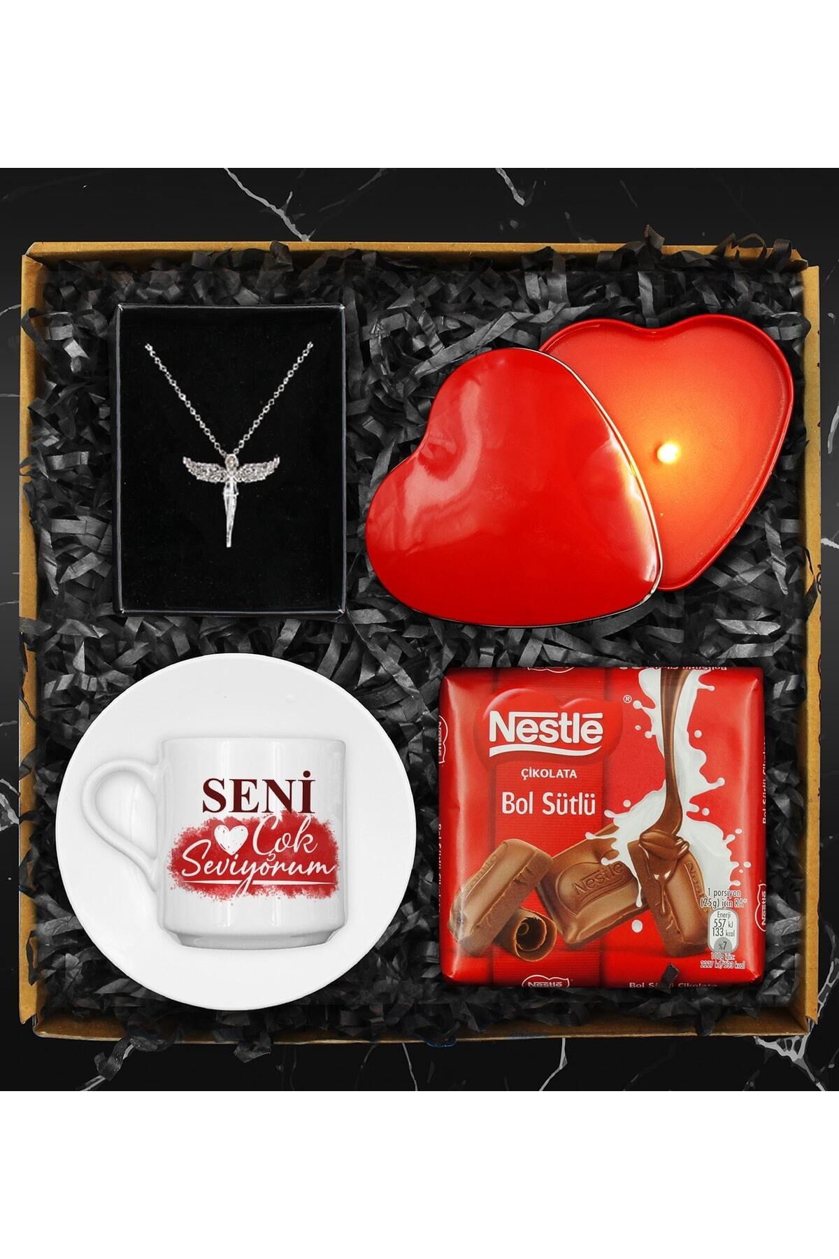 Sevgililer Gününe Özel Tasarım Fincan & Melek Kolye & Kırmızı Kalp Mum & Çikolata Hediye Seti