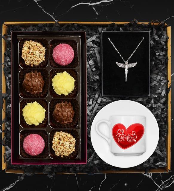 Sevgililer Gününe Özel Tasarım Fincan & Truffle Çikolata Kutusu & Zirkon Taşlı Melek Kolye Hediye Seti