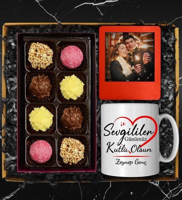 Sevgililer Gününe Özel Tasarım Kişiye Özel Kupa & Truffle Çikolata Kutusu & Kişiye Özel Fotoğraf Çerçevesi Hediye Seti