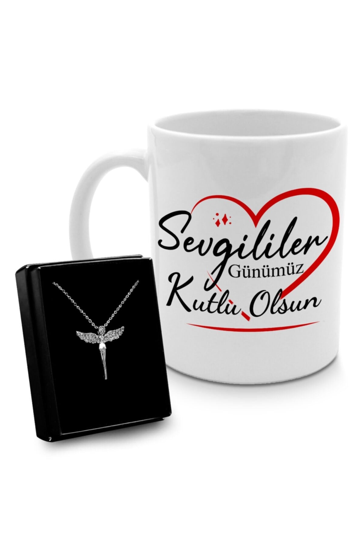 Sevgililer Gününe Özel Tasarım Kupa & Gümüş Renk Kaplama Zirkon Taşlı Melek Kolye