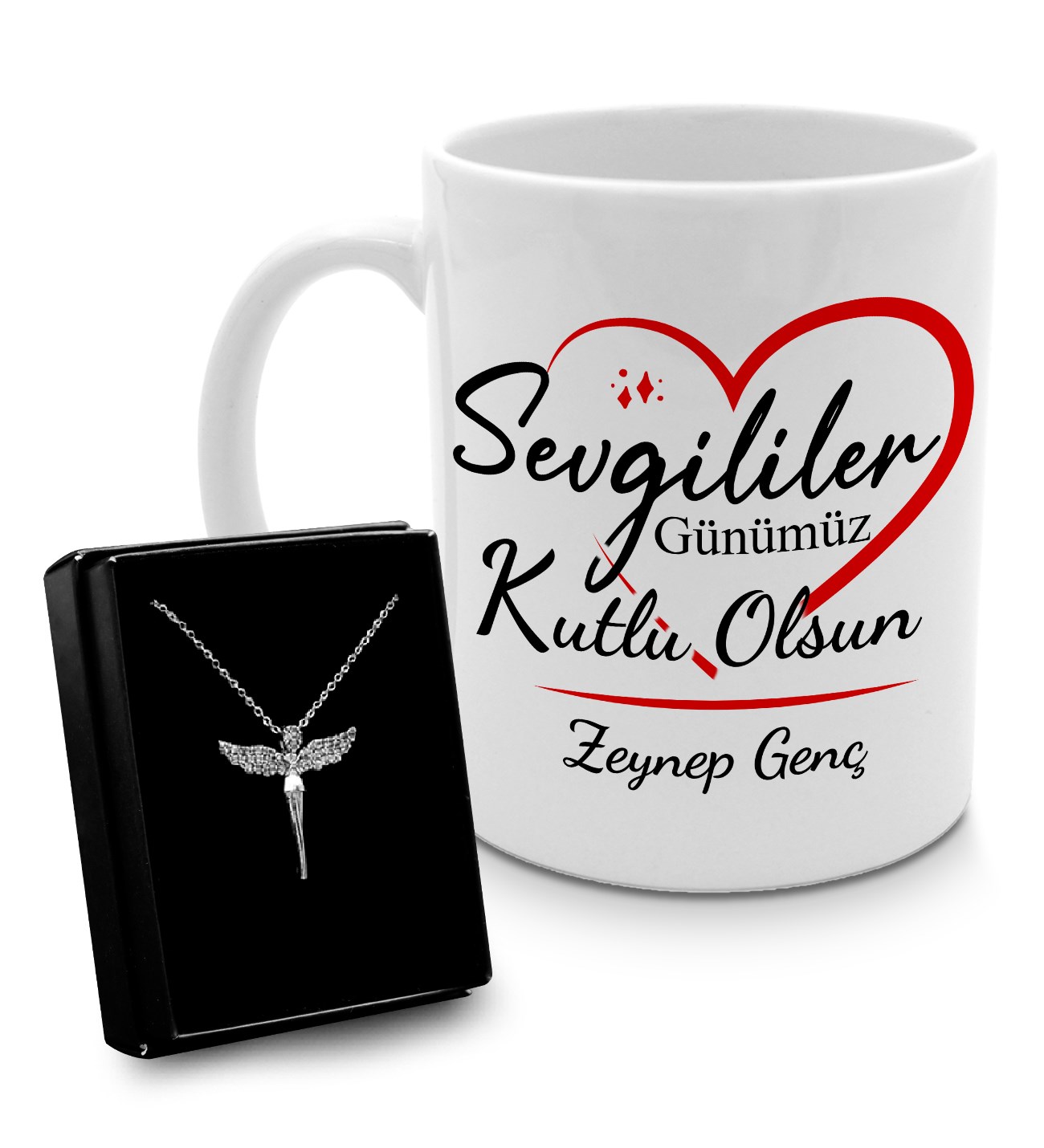Sevgililer Gününe Özel Tasarım Kupa & Gümüş Renk Kaplama Zirkon Taşlı Melek Kolye