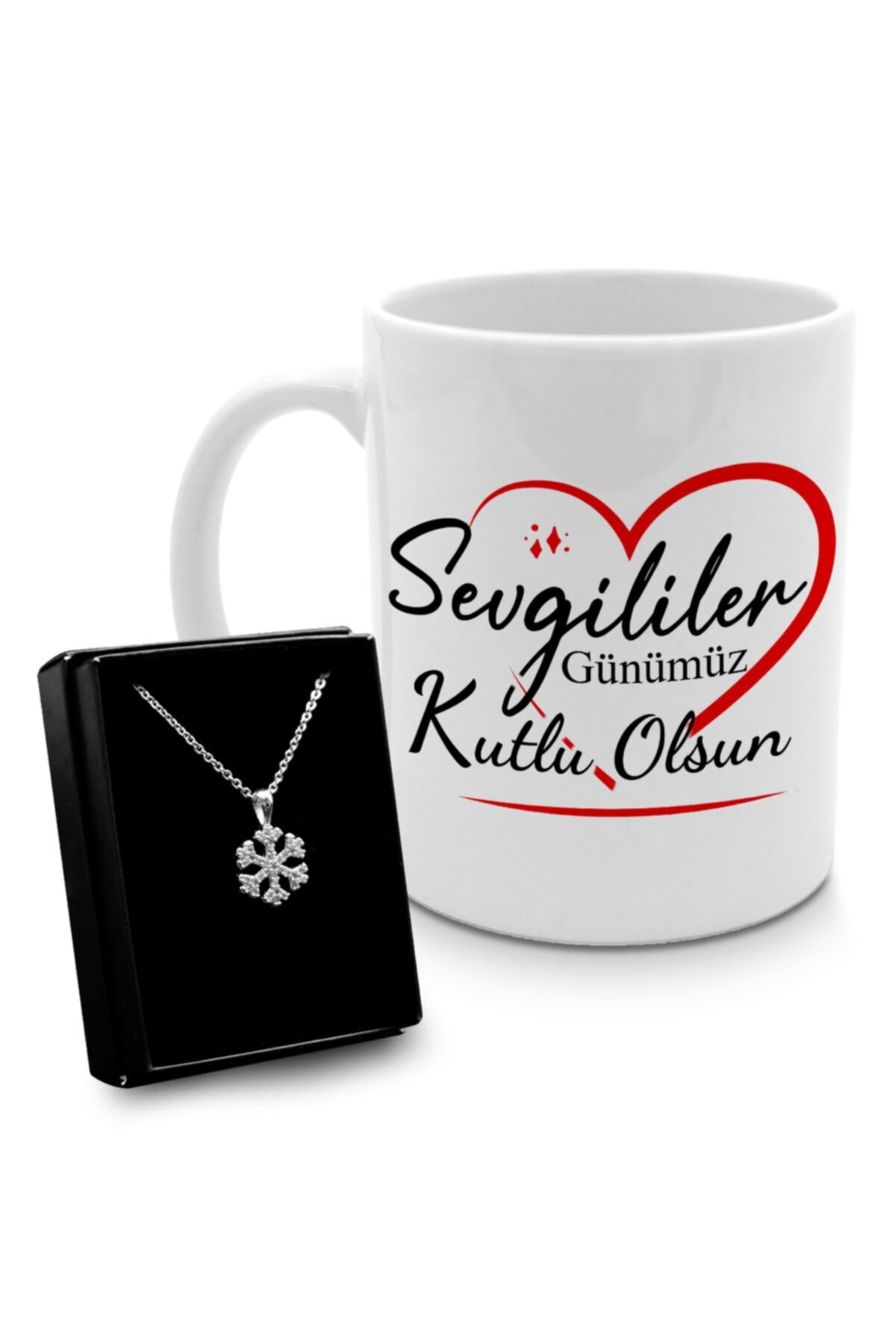 Sevgililer Gününe Özel Tasarım Kupa & Gümüş Renk Kaplama Kar Tanesi Kolye Hediye Seti