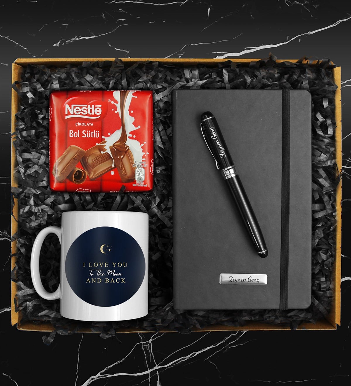 Sevgililer Gününe Özel Tasarım Kupa & Roller Kalem & Defter & Nestle Çikolata Hediye Seti