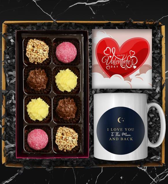 Sevgililer Gününe Özel Tasarım Kupa & Truffle Çikolata Kutusu Seti & Sevgililer Günü Tasarım Kartı Hediye Seti