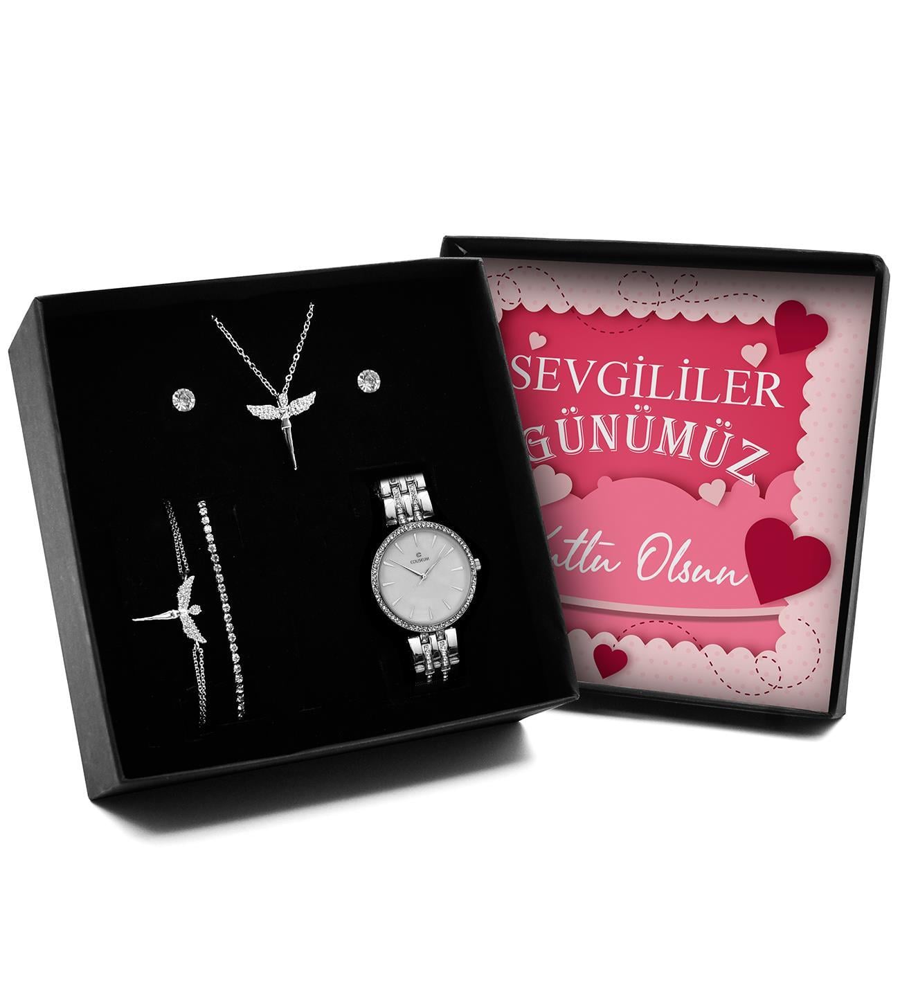 Sevgililer Gününe Özel Tasarım Kutulu Melek Kolye & Melek Bileklik & Zirkon Taşlı Bileklik & Küpe & Saat Seti