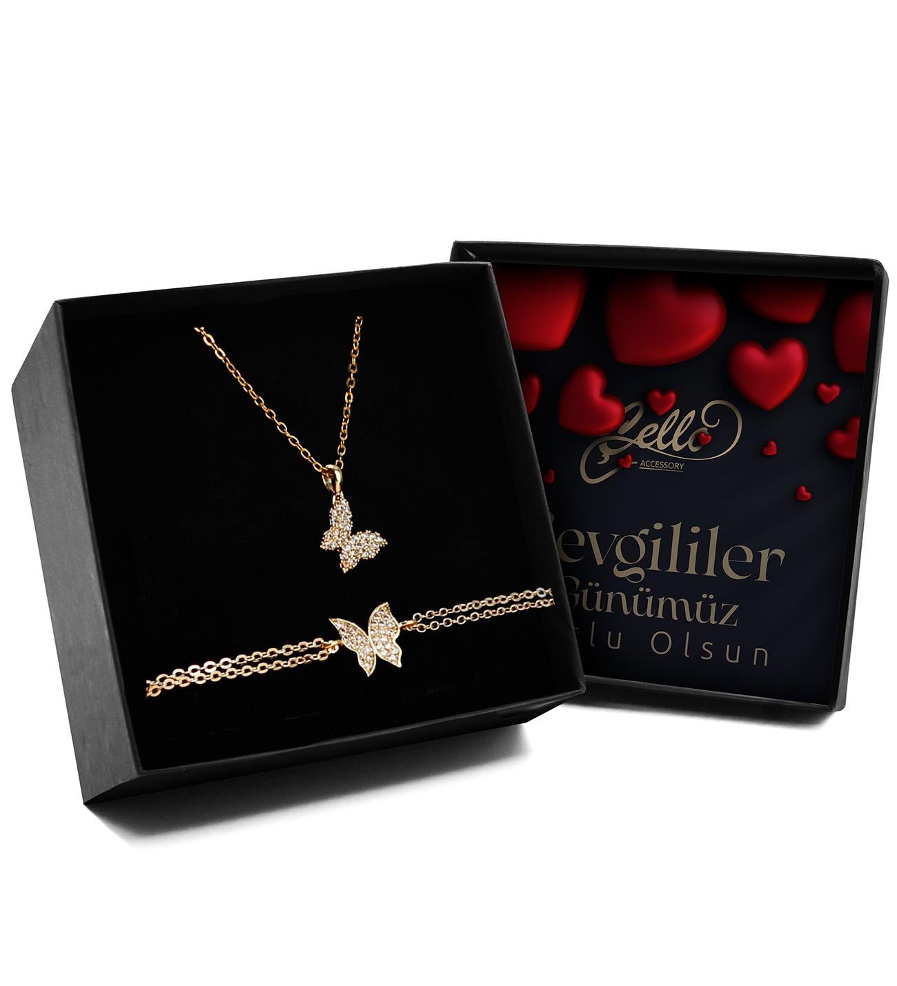 Sevgililer Gününe Özel Tasarım Zirkon Taşlı Gold Renk Kelebek Kolye & Kelebek Bileklik Seti 