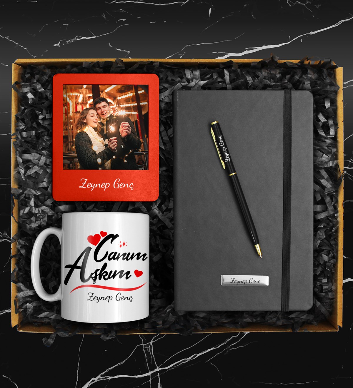 Sevgililer Gününe Özel Tasarımlı Kupa & Fotoğraf Çerçevesi & Defter & Kalem Hediye Seti