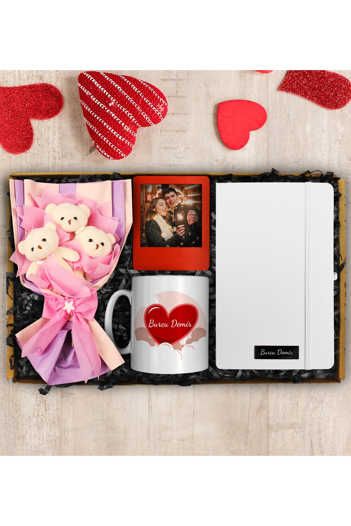 Sevgililer Gününe Özel Üçlü Ayıcık Buketi & Tasarım Kupa & Fotoğraf Çerçevesi & Beyaz Defter
