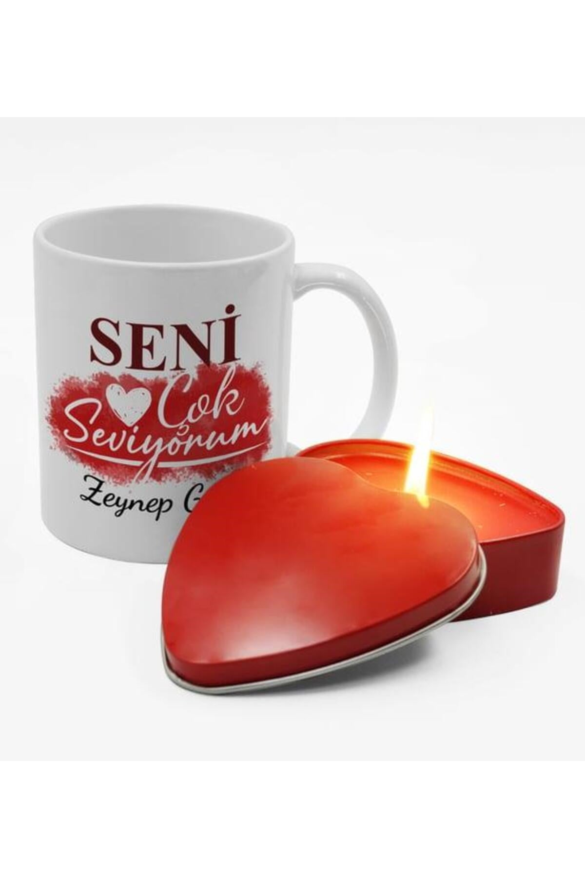 Sevgililere Özel Tasarım Kişiye Özel Kupa & Kırmızı Kalpli Mum Hediye Seti