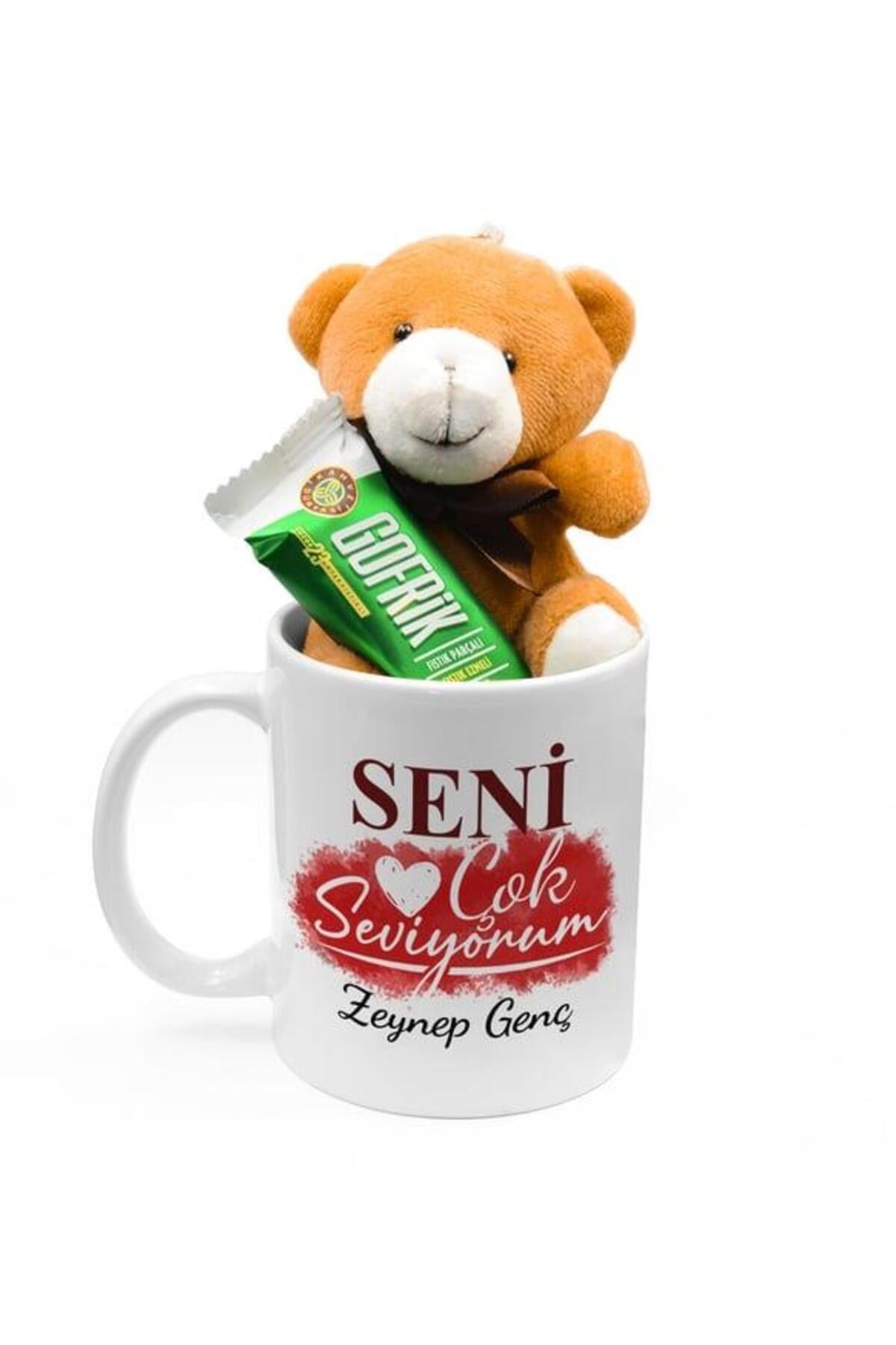 Sevgililere Özel Tasarım Kişiye Özel Kupa & Minik Ayıcık & Gofrik Hediye Seti