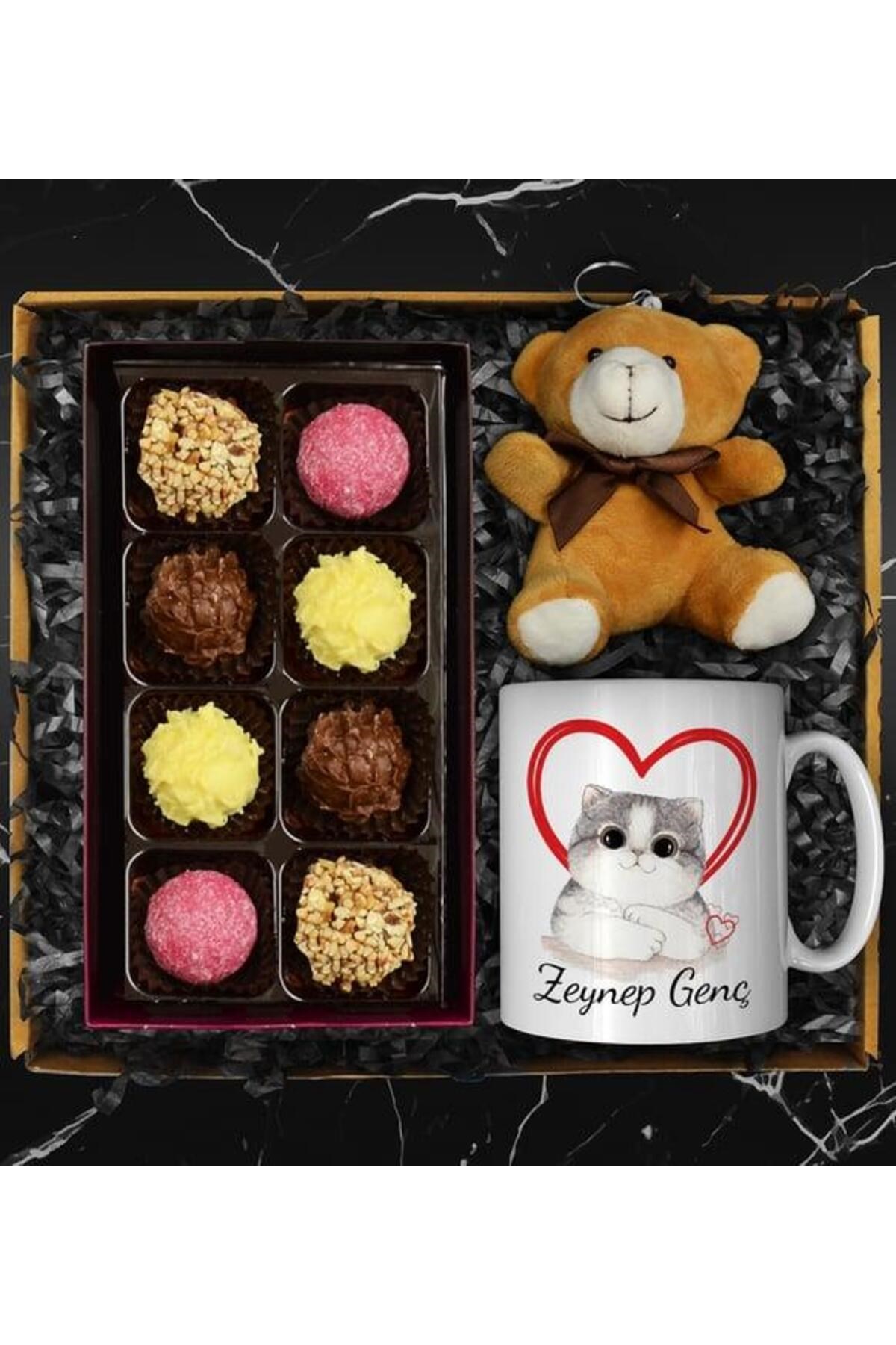 Sevgililere Özel Tasarım Kişiye Özel Kedi Kupa & Truffle Çikolata Kutusu & Peluş Ayıcık Hediye Seti