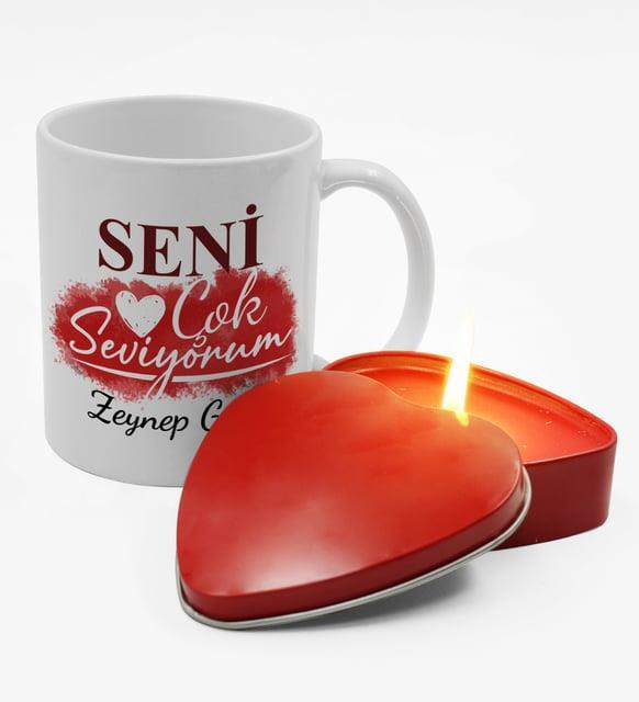Sevgililere Özel Tasarım Kişiye Özel Kupa & Kırmızı Kalpli Mum Hediye Seti