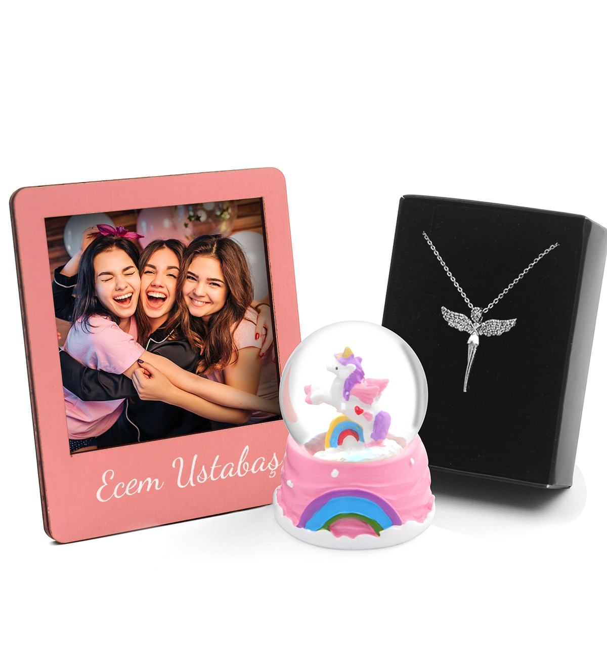 Sevgiliye Özel Unicorn Kar Küresi & Kişiye Özel Pembe Fotoğraf Çerçevesi & Gümüş Renk Kaplama Melek Kolye