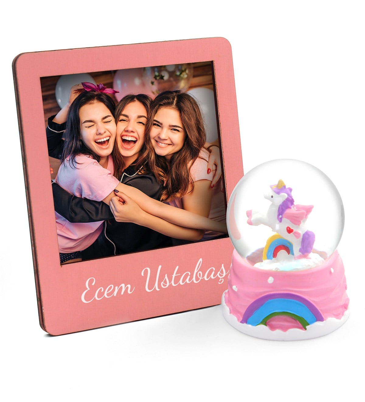 Sevgiliye Özel Unicorn Kar Küresi & Kişiye Özel Pembe Fotoğraf Çerçevesi