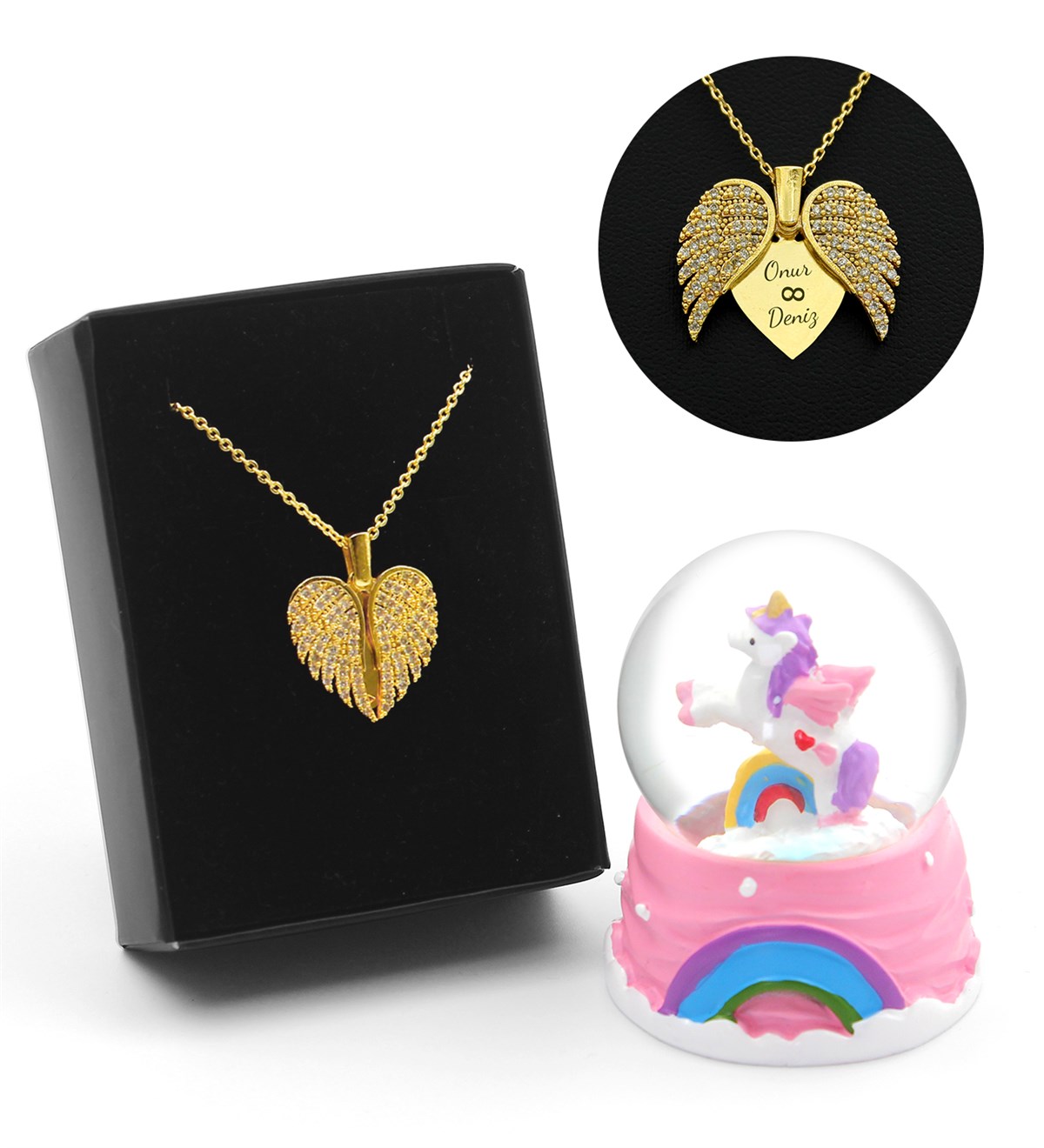 Sevgiliye Özel Unicorn Kar Küresi & Kişiye Özel Açılır Kanatlı Kalp Kolye