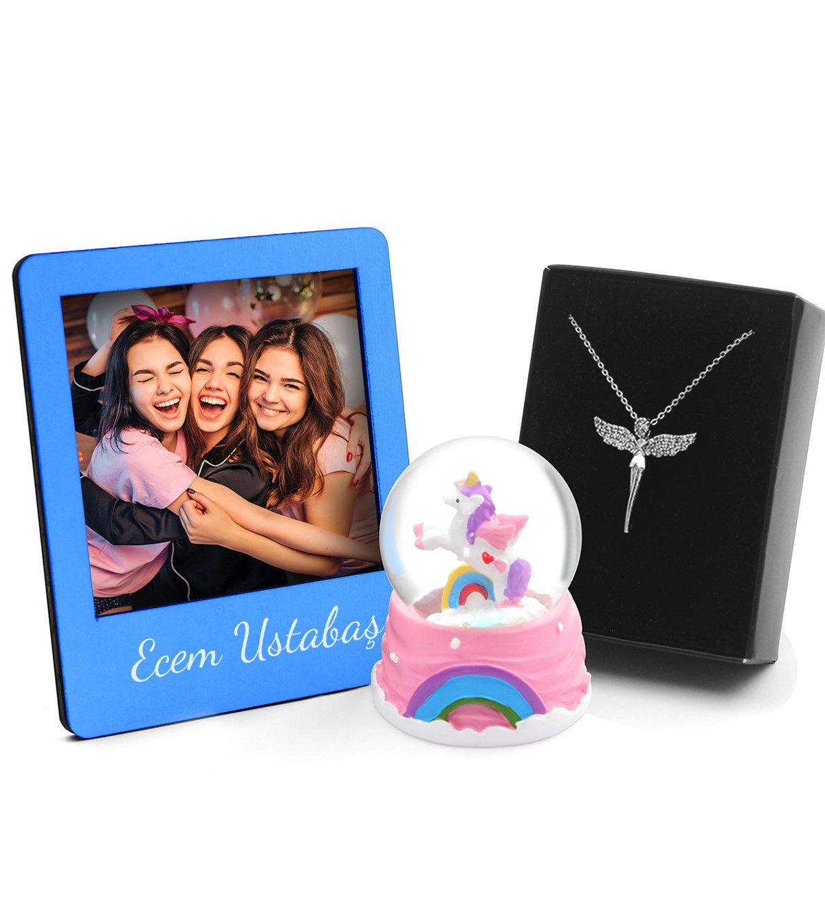Sevgiliye Özel Unicorn Kar Küresi & Kişiye Özel Mavi Fotoğraf Çerçevesi & Gümüş Renk Kaplama Melek Kolye