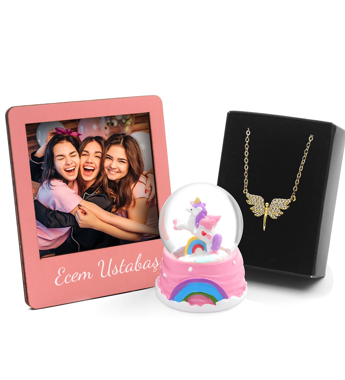 Sevgiliye Özel Unicorn Kar Küresi & Kişiye Özel Pembe Fotoğraf Çerçevesi & Melek Kolye