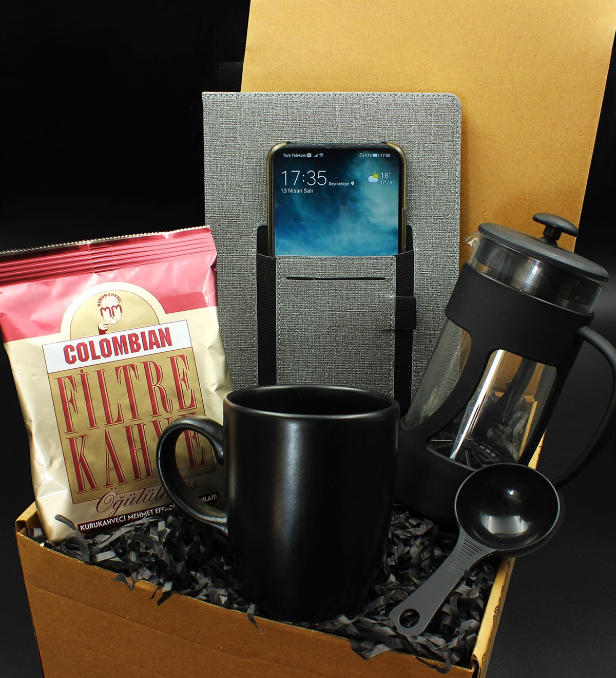 Siyah Kupa & French Press & Columbian Taze Filtre Kahve & Cepli Defter Hediye Seti