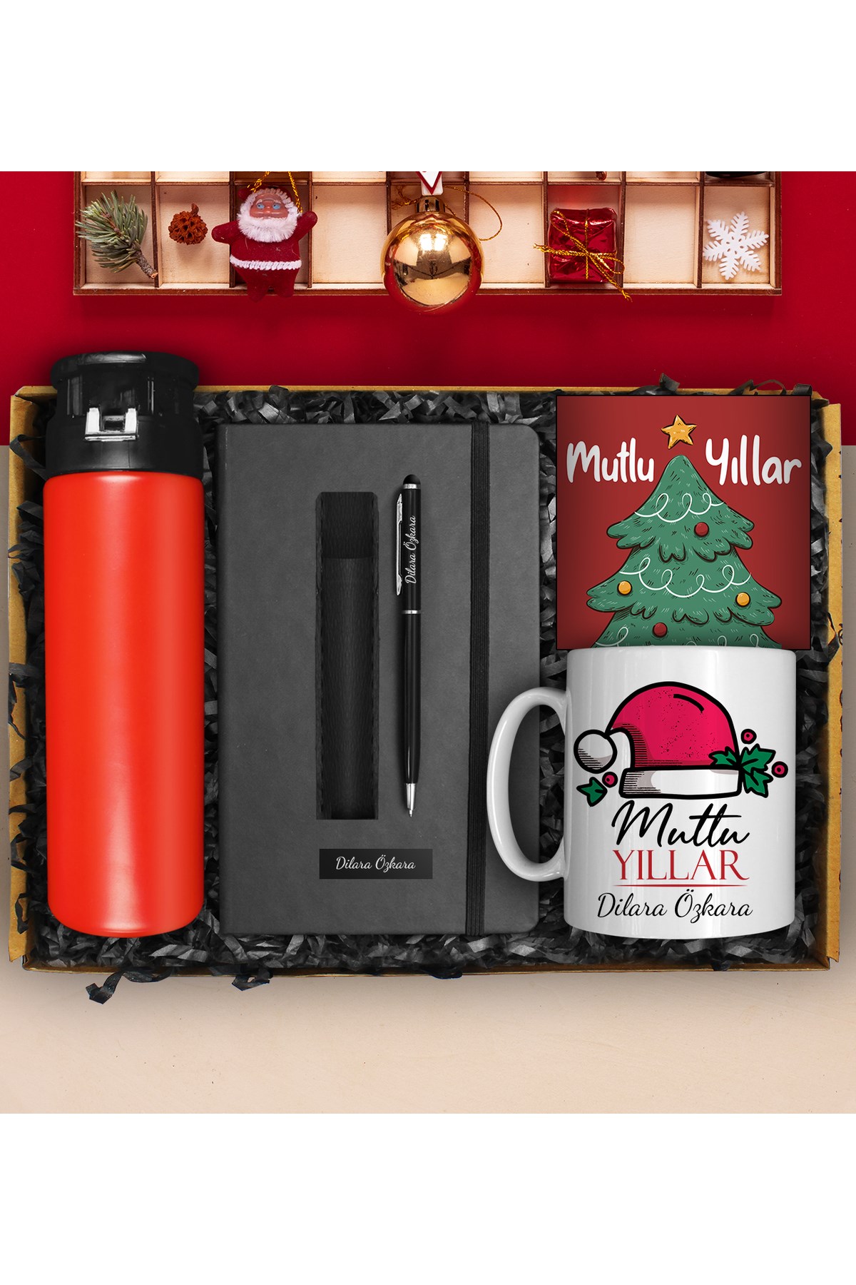 Yılbaşına Özel Cam Matara Suluk &  Kupa & Defter & Deri Kılıflı Touch Pen Kalem & Yılbaşı Kartı