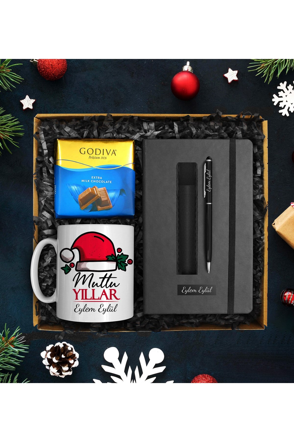 Yılbaşına Özel Kişiye Özel Defter & Tasarım Porselen Kupa & Deri Kılıflı Kalem & Çikolata Seti